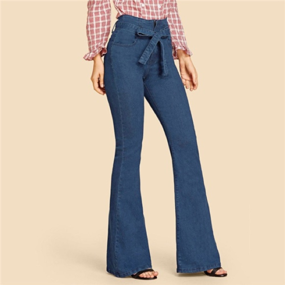 Paper bag, denim, high waisted bell bottom jeans